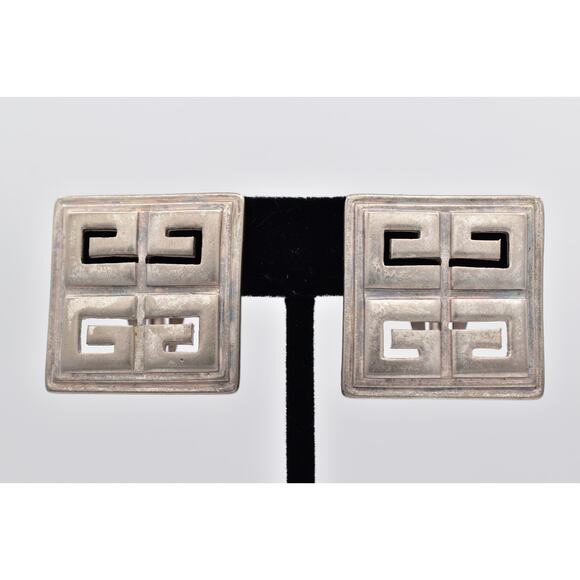 Givenchy Vintage 4G Logo Clip On Earrings Brushed Silver Chunky Signed 80s BinH - Picture 1 of 12